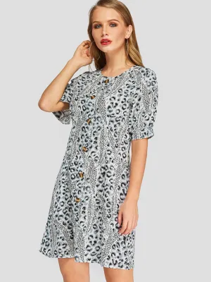 Wholesale Round Neck Short Sleeve Leopard Casual Dress