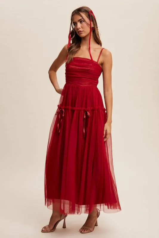 Wine Ruched Mesh Bow Detail Maxi Dress