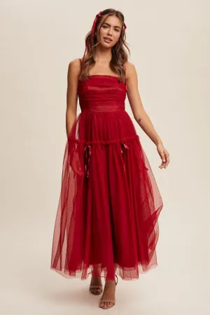 Wine Ruched Mesh Bow Detail Maxi Dress