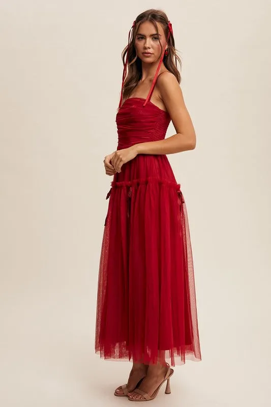 Wine Ruched Mesh Bow Detail Maxi Dress