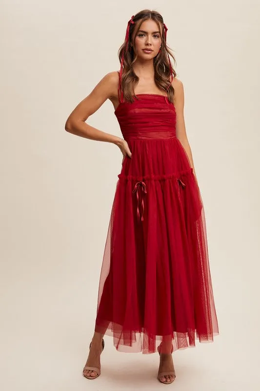 Wine Ruched Mesh Bow Detail Maxi Dress