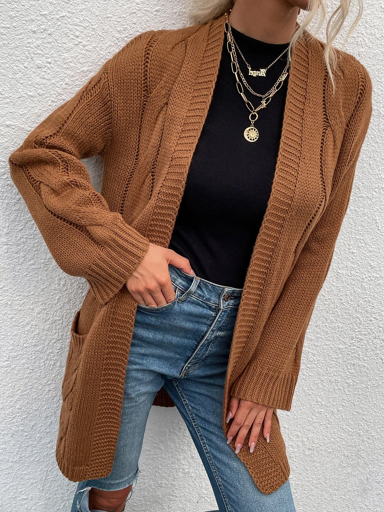 Women Caramel Ribbed Long Sleeve Knit Cardigan Sweater MYLU2860KQ