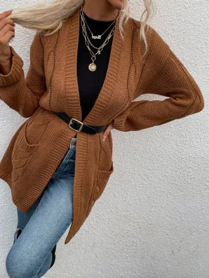 Women Caramel Ribbed Long Sleeve Knit Cardigan Sweater MYLU2860KQ