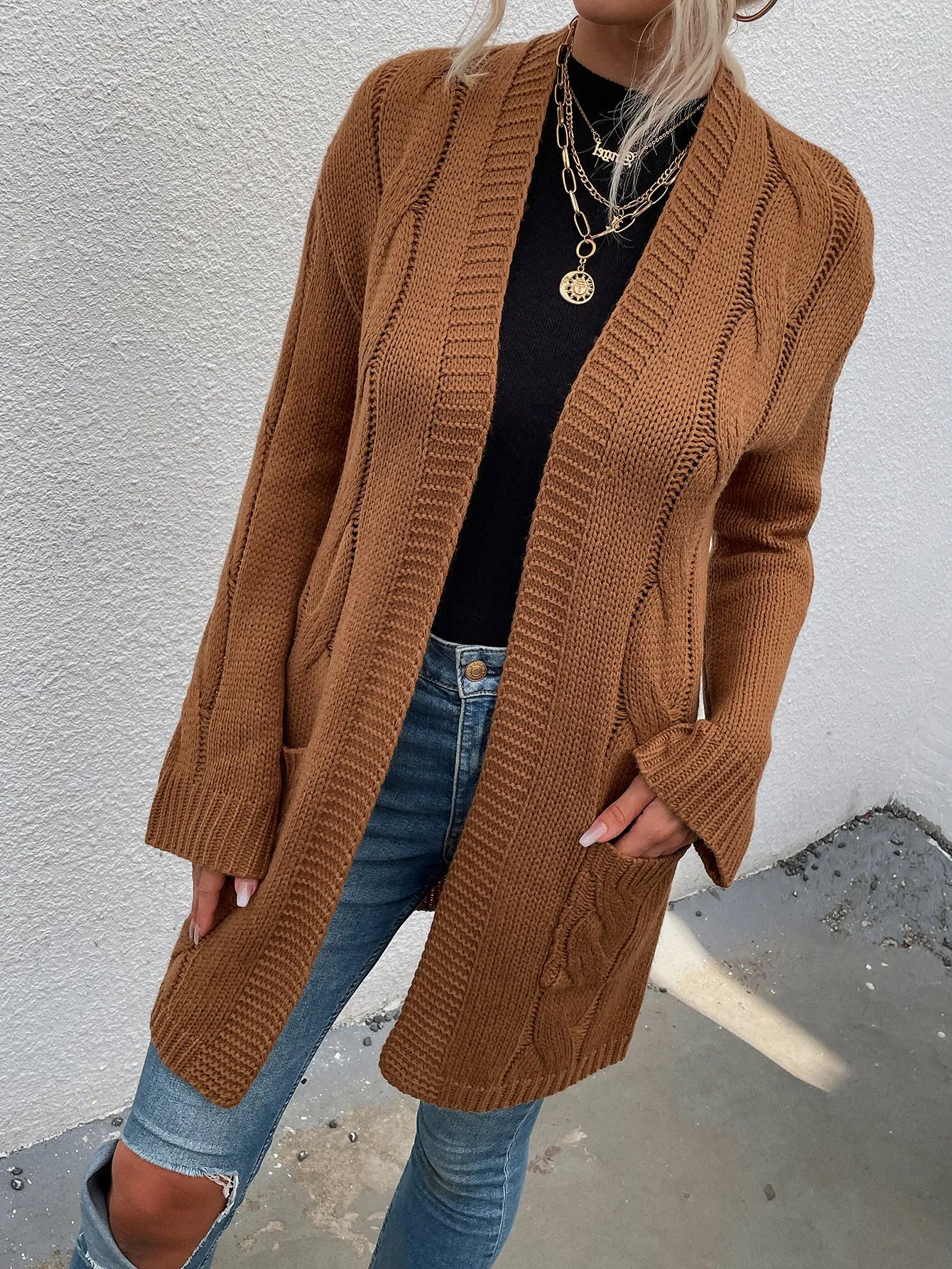 Women Caramel Ribbed Long Sleeve Knit Cardigan Sweater MYLU2860KQ
