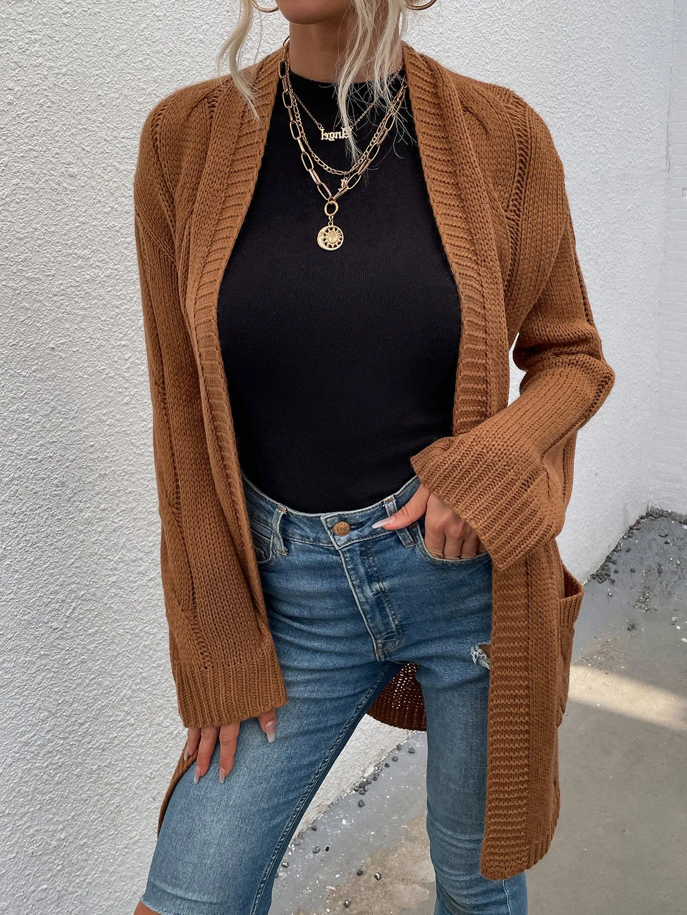 Women Caramel Ribbed Long Sleeve Knit Cardigan Sweater MYLU2860KQ