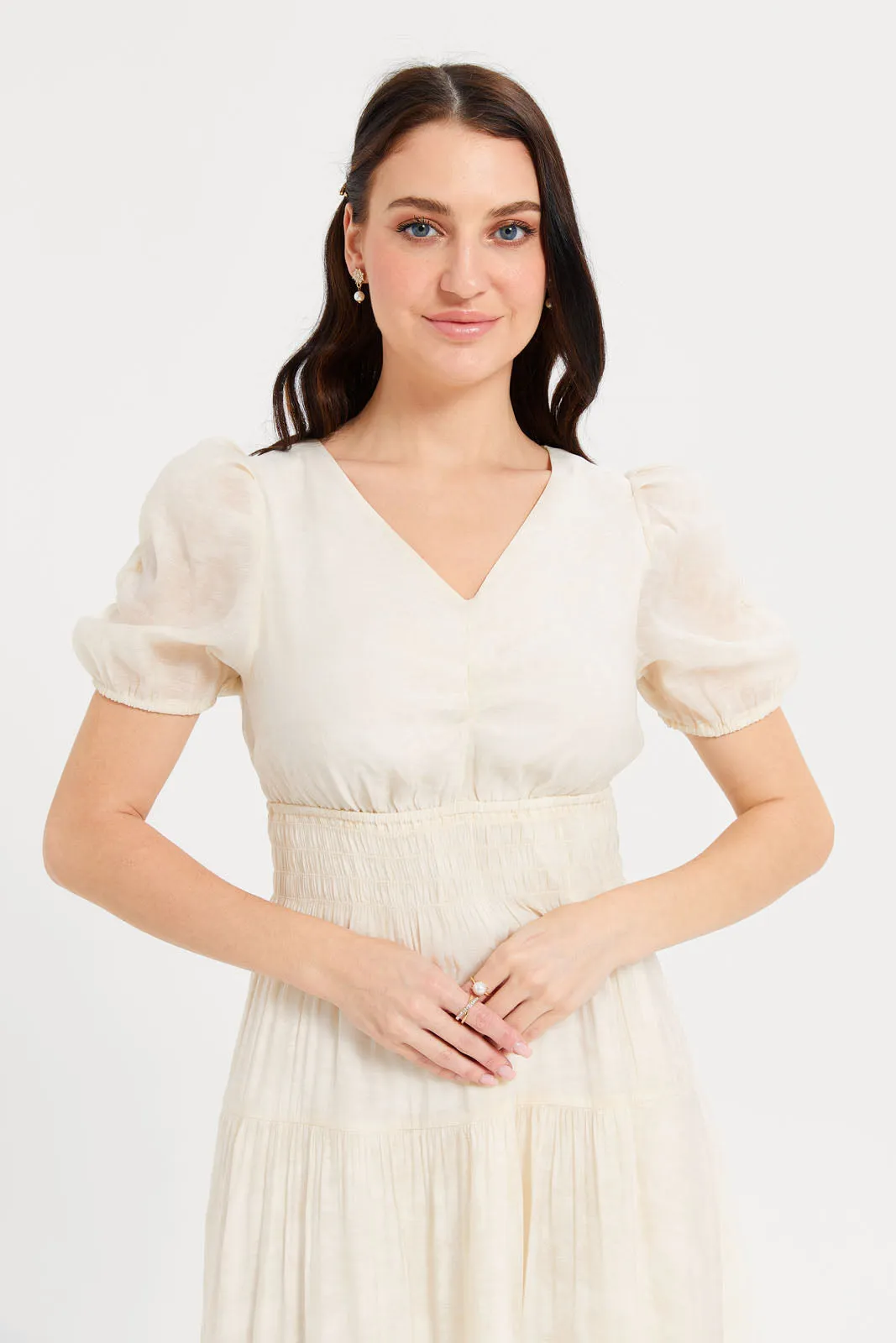 Women Cream Short Sleeve Waist Detailed Dress