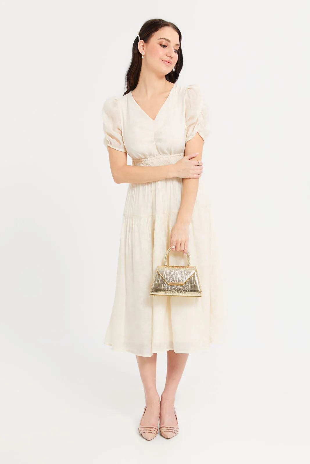 Women Cream Short Sleeve Waist Detailed Dress
