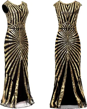 Women Evening Maxi Long Dress 1920s Sequin Mermaid Hem Wedding Prom Gown Vintage Lace Fringed Gatsby Cocktail Dress