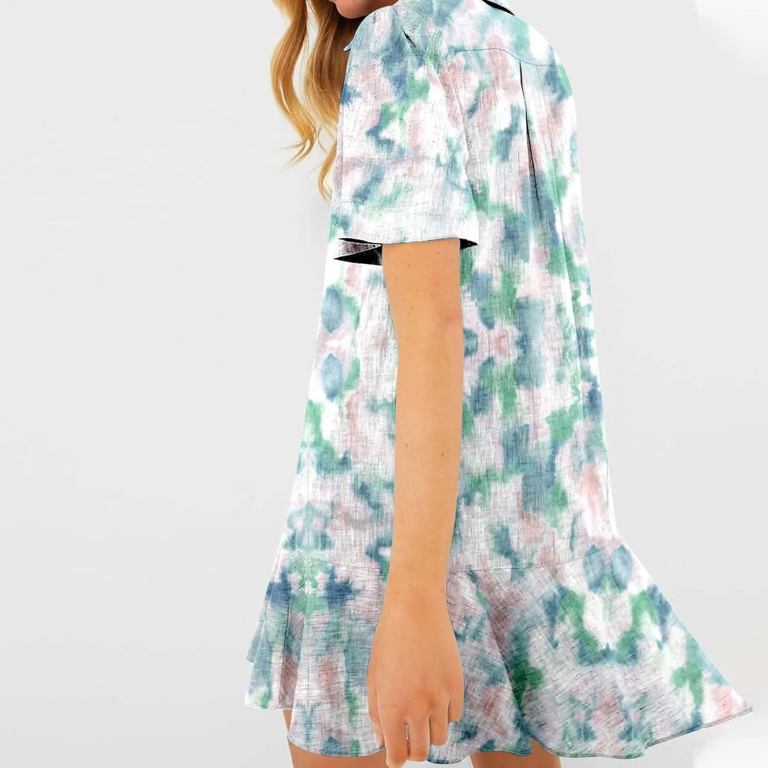 Women Summer Shirt Dress Lapel Button Down Short Sleeve Cotton Linen Ruffle Hem Mini Dresses Casual Beach Shirt Dresses