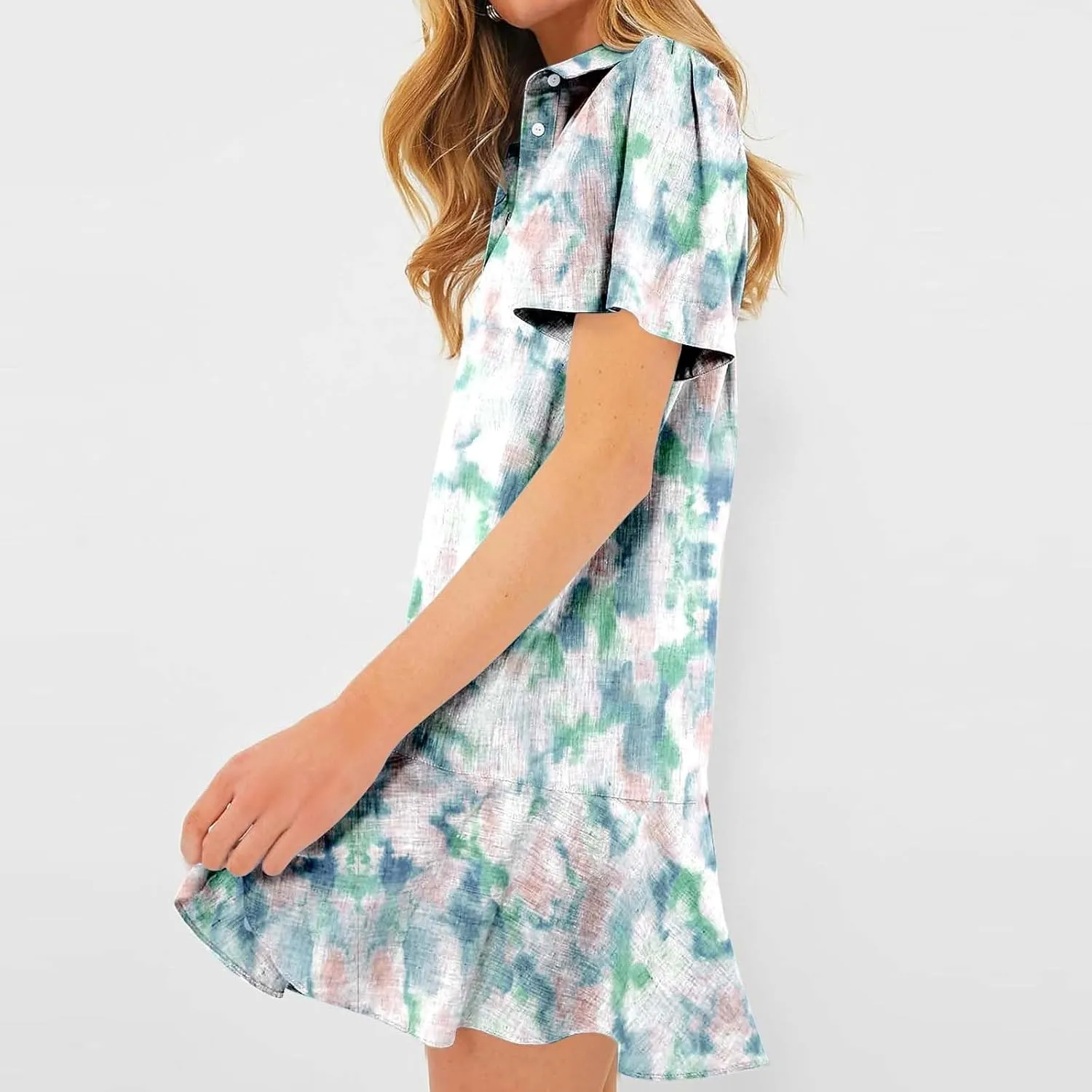 Women Summer Shirt Dress Lapel Button Down Short Sleeve Cotton Linen Ruffle Hem Mini Dresses Casual Beach Shirt Dresses