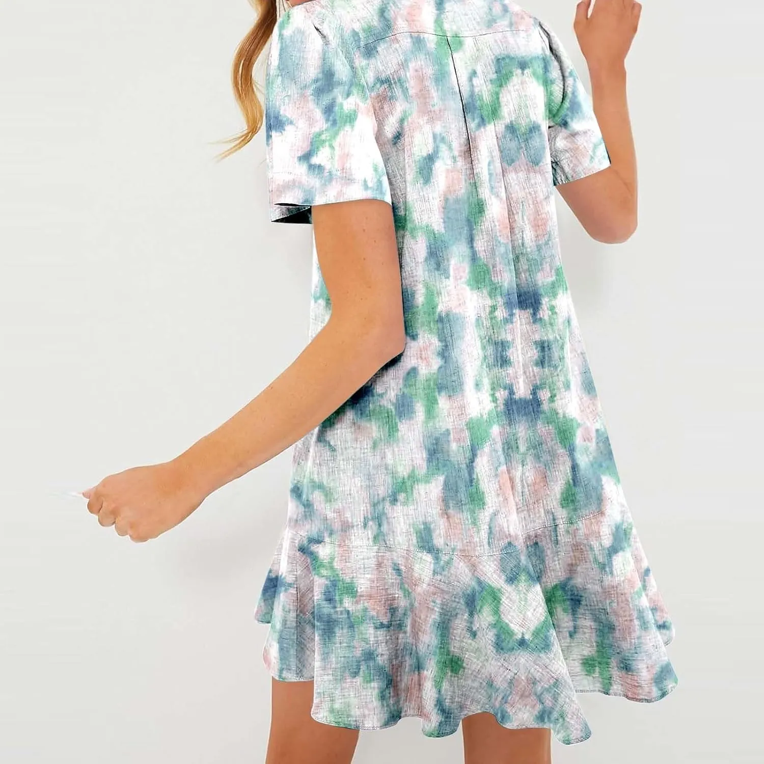 Women Summer Shirt Dress Lapel Button Down Short Sleeve Cotton Linen Ruffle Hem Mini Dresses Casual Beach Shirt Dresses