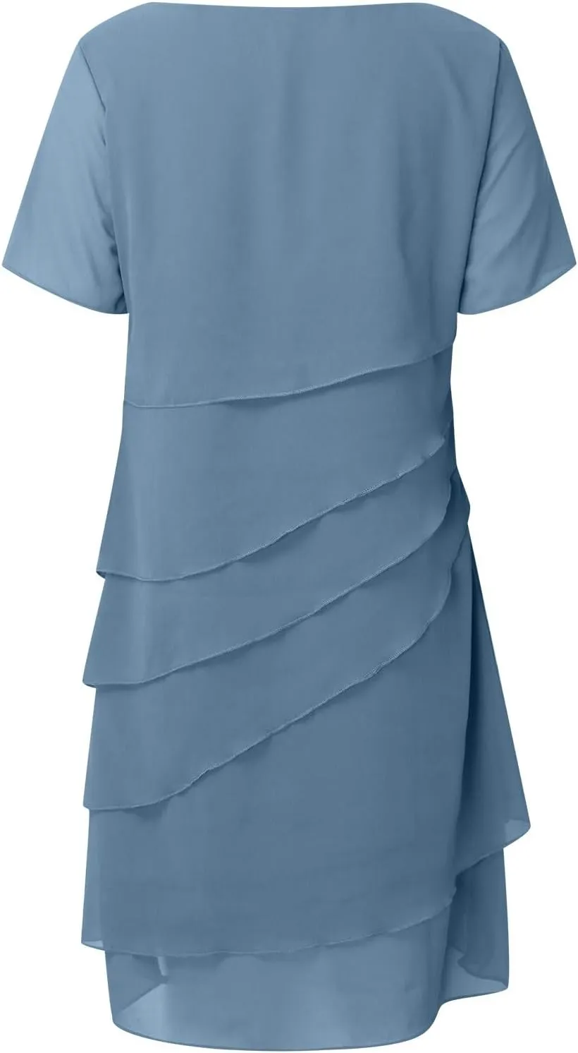 Womens 2025 Summer Casual Dresses Tiered Chiffon Pleated A Line Flowy Mini Dress Elegant Cocktail Party Outfits