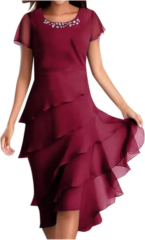Womens 2025 Summer Casual Dresses Tiered Chiffon Pleated A Line Flowy Mini Dress Elegant Cocktail Party Outfits