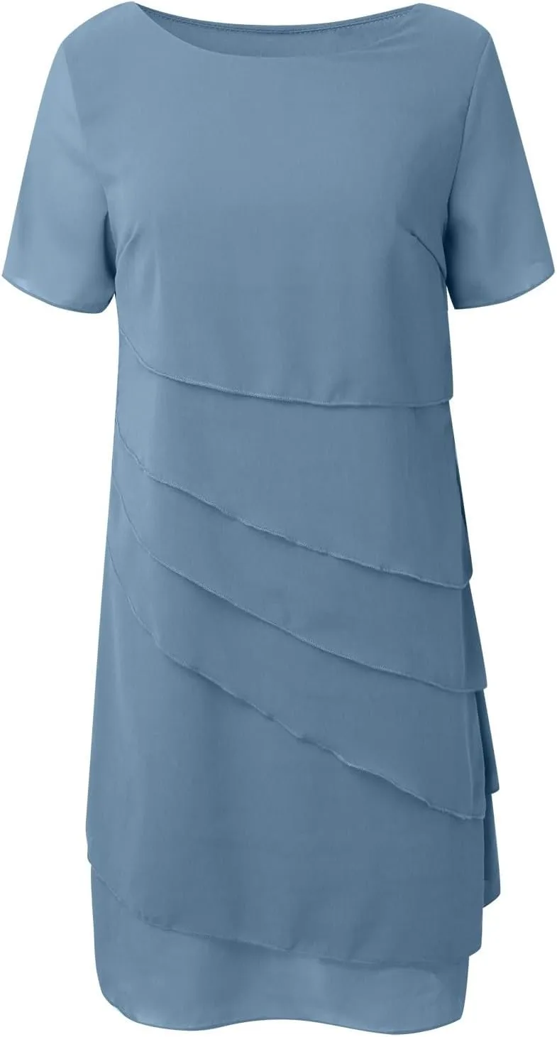 Womens 2025 Summer Casual Dresses Tiered Chiffon Pleated A Line Flowy Mini Dress Elegant Cocktail Party Outfits