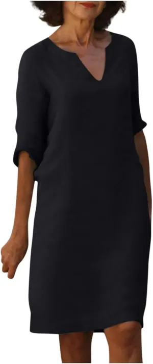 Women's Casual Dresses Summer Vintage Solid Color Print Cotton Linen Dress Fashion Casual V-Neck Half Sleeve Dress