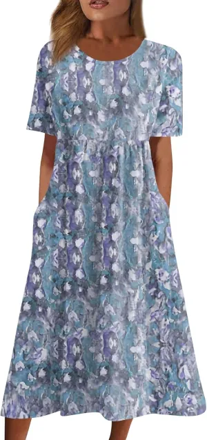 Women's Maxi Dresses 2025 Summer Casual Loose Trendy Short Sleeve Round Neck Solid Floral Printed Dress Plus Size, S-3XL