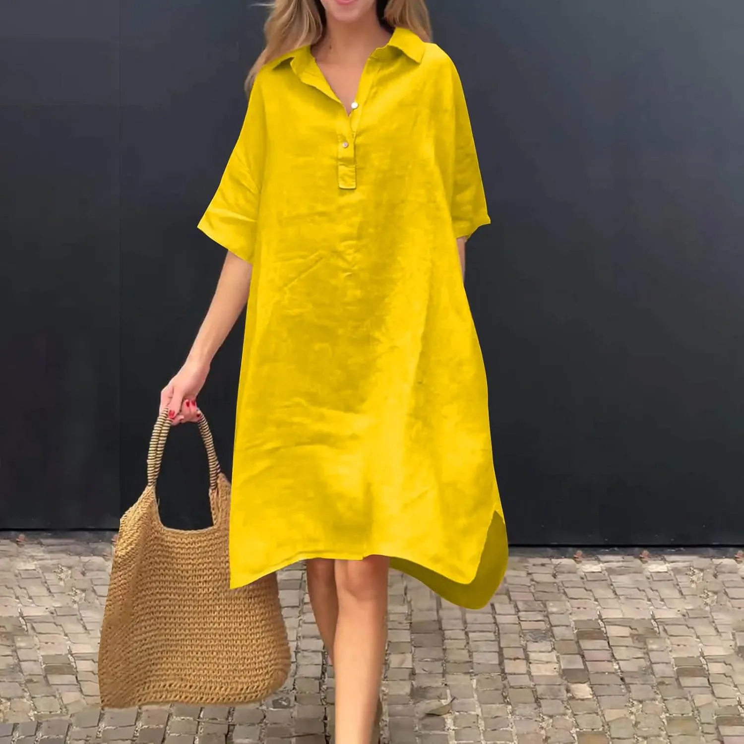 Women's Oversized Dresses Plus Size Boho Dress Casual Fashion Soft V Neck Button Dress Solid Short Sleeve Dress