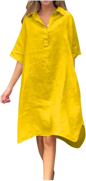 Women's Oversized Dresses Plus Size Boho Dress Casual Fashion Soft V Neck Button Dress Solid Short Sleeve Dress