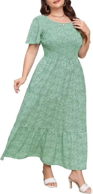 Womens Plus Size Long Maxi Dress with Pockets Floral Smocking Flutter Sleeves Tiered Layers Casual Dresses