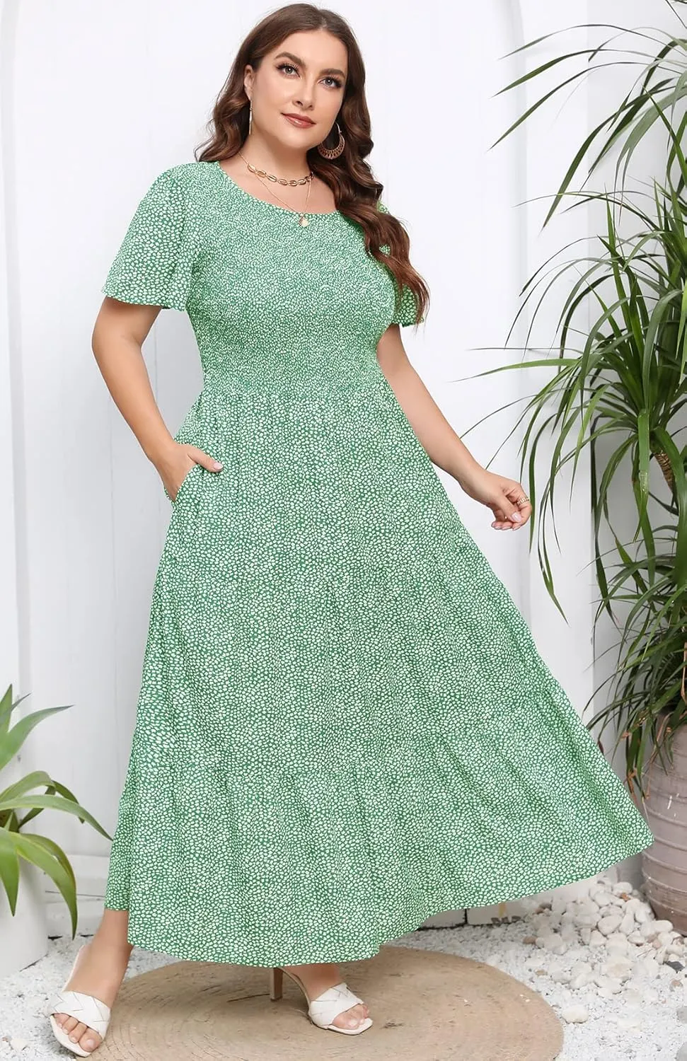 Womens Plus Size Long Maxi Dress with Pockets Floral Smocking Flutter Sleeves Tiered Layers Casual Dresses
