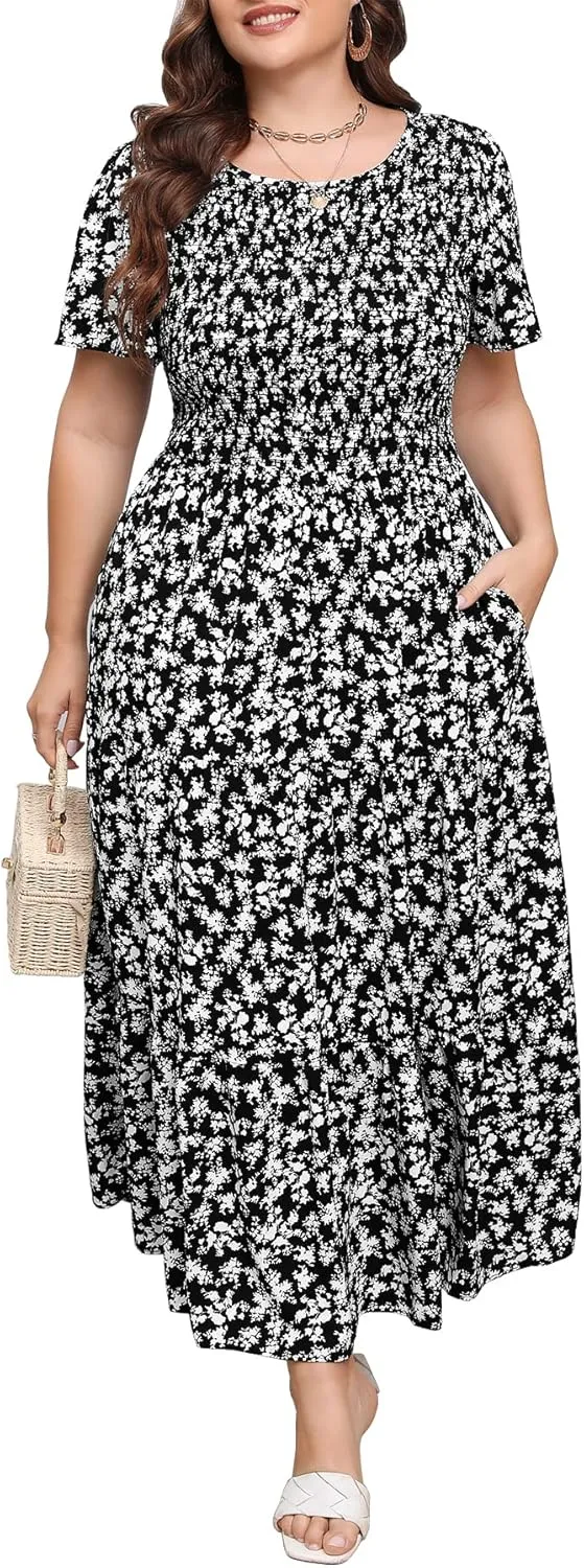 Womens Plus Size Long Maxi Dress with Pockets Floral Smocking Flutter Sleeves Tiered Layers Casual Dresses