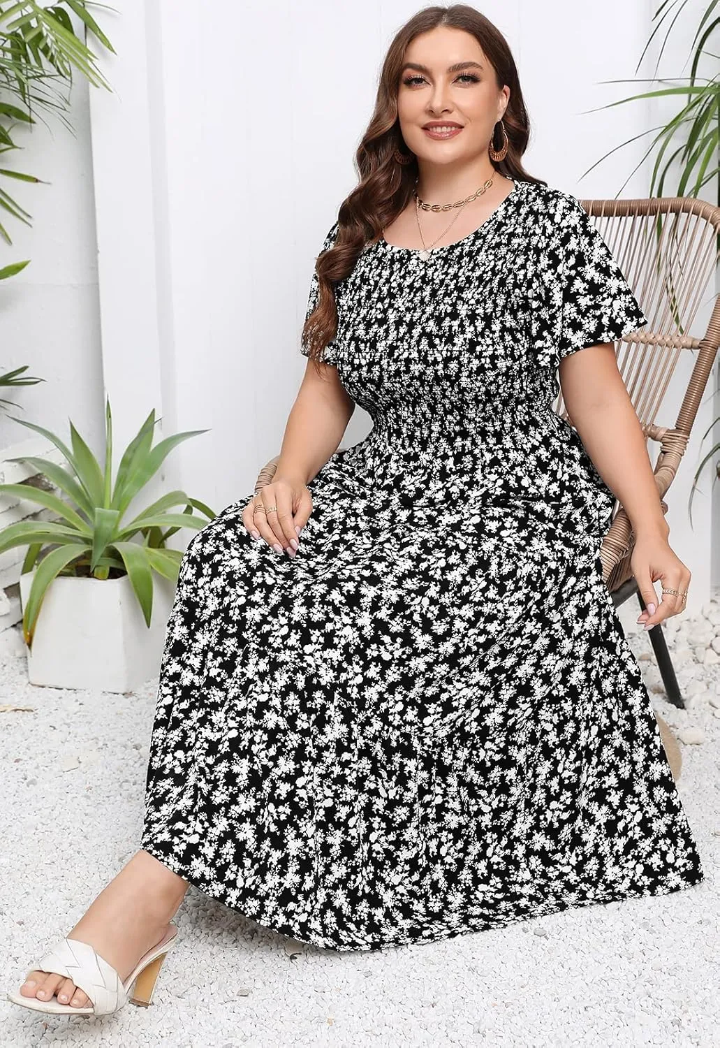 Womens Plus Size Long Maxi Dress with Pockets Floral Smocking Flutter Sleeves Tiered Layers Casual Dresses