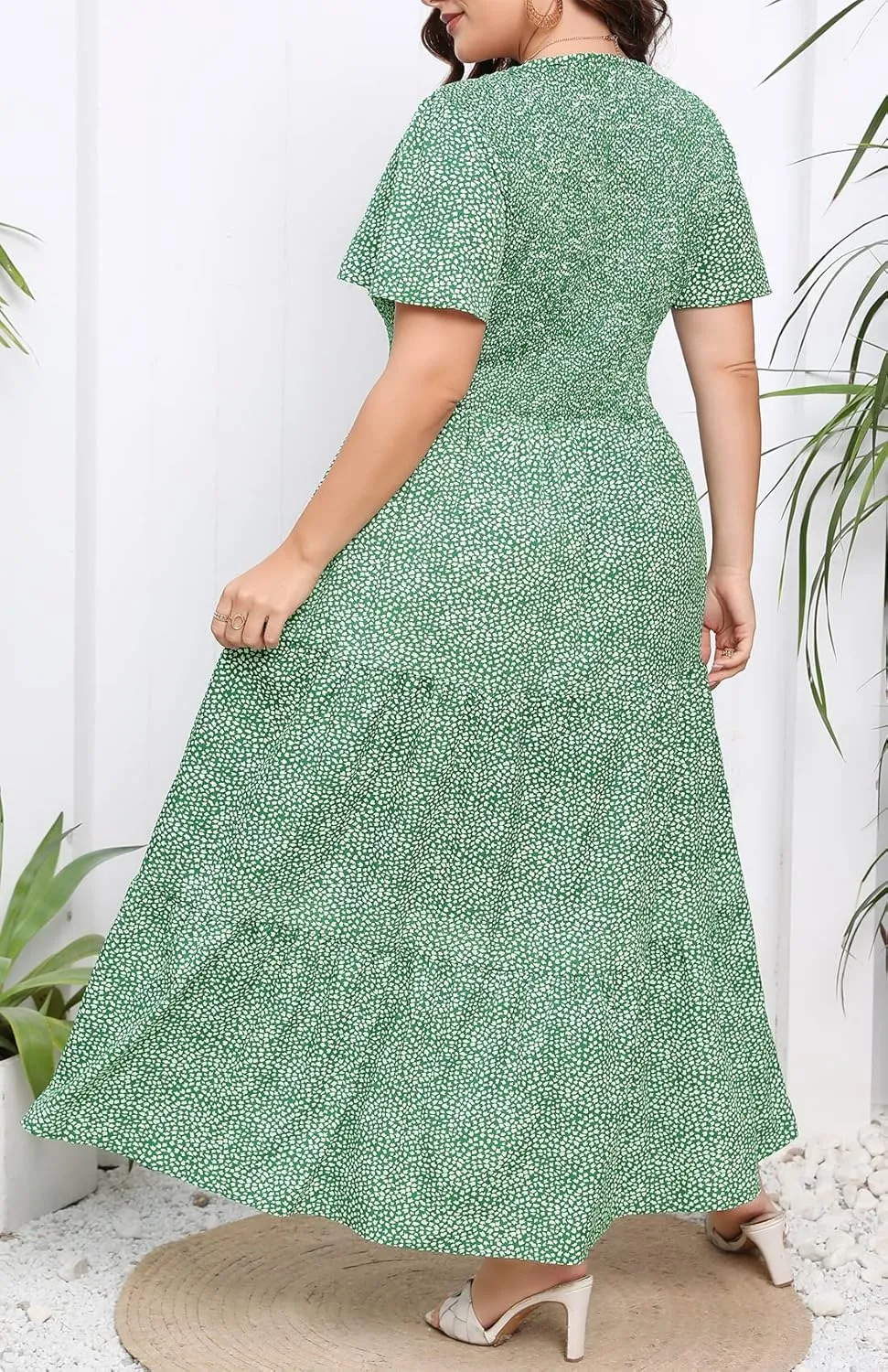 Womens Plus Size Long Maxi Dress with Pockets Floral Smocking Flutter Sleeves Tiered Layers Casual Dresses