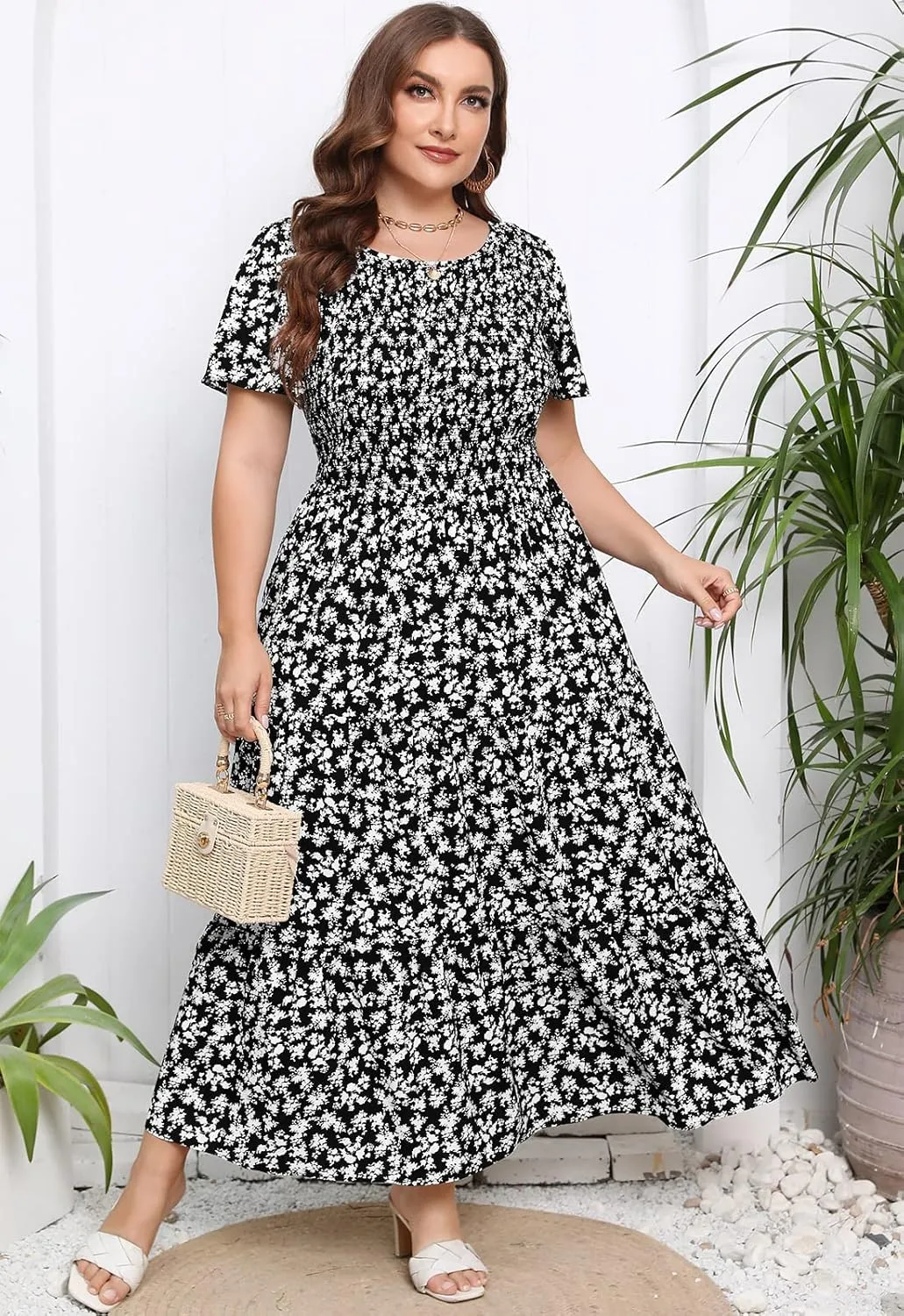 Womens Plus Size Long Maxi Dress with Pockets Floral Smocking Flutter Sleeves Tiered Layers Casual Dresses