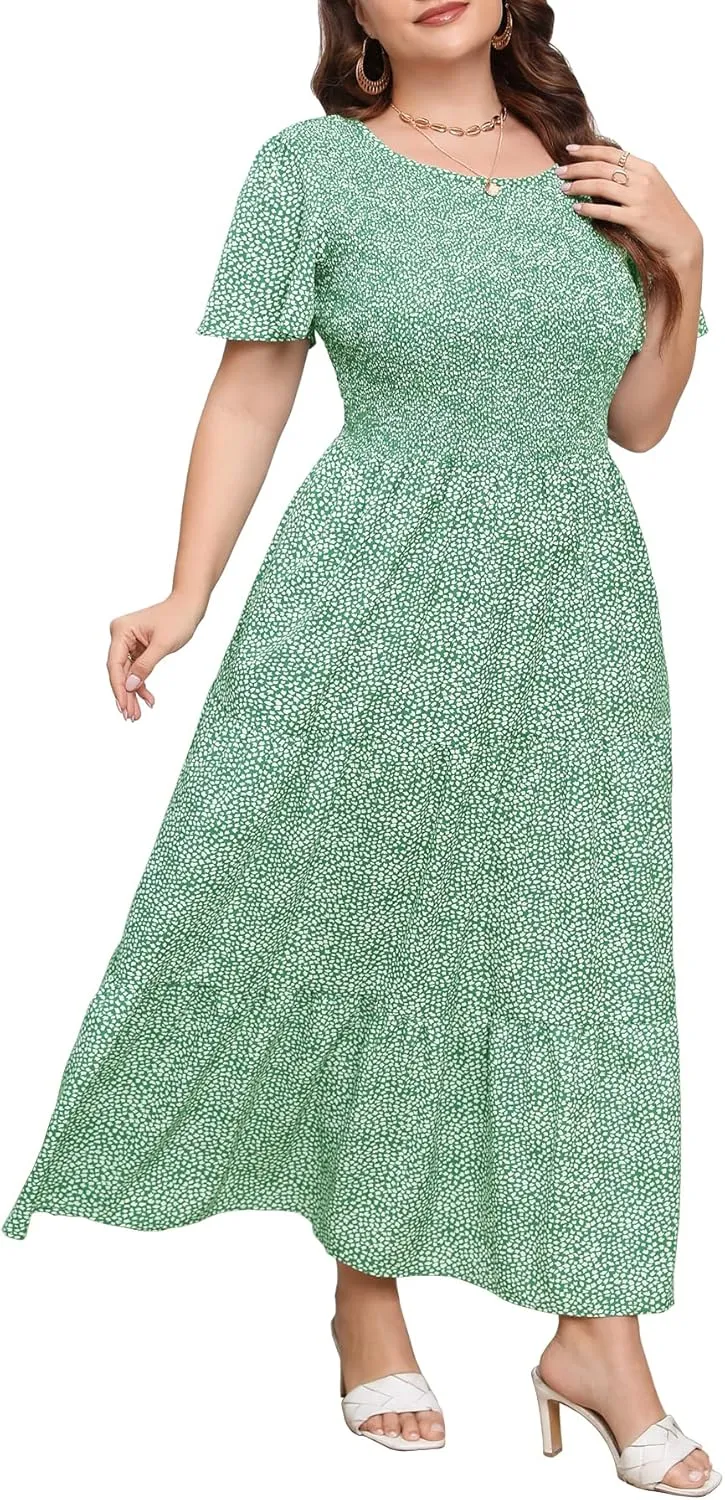 Womens Plus Size Long Maxi Dress with Pockets Floral Smocking Flutter Sleeves Tiered Layers Casual Dresses