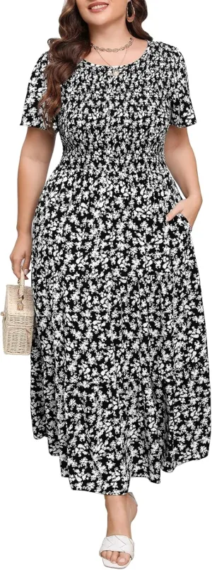 Womens Plus Size Long Maxi Dress with Pockets Floral Smocking Flutter Sleeves Tiered Layers Casual Dresses