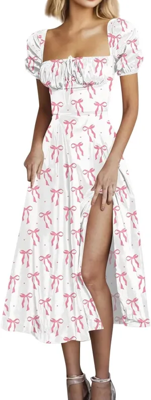 Women's Summer Casual Loose Trendy Bubble Sleeve Square Neck Split Bow Floral Print Dresses 2025 Plus Size, XS-3XL