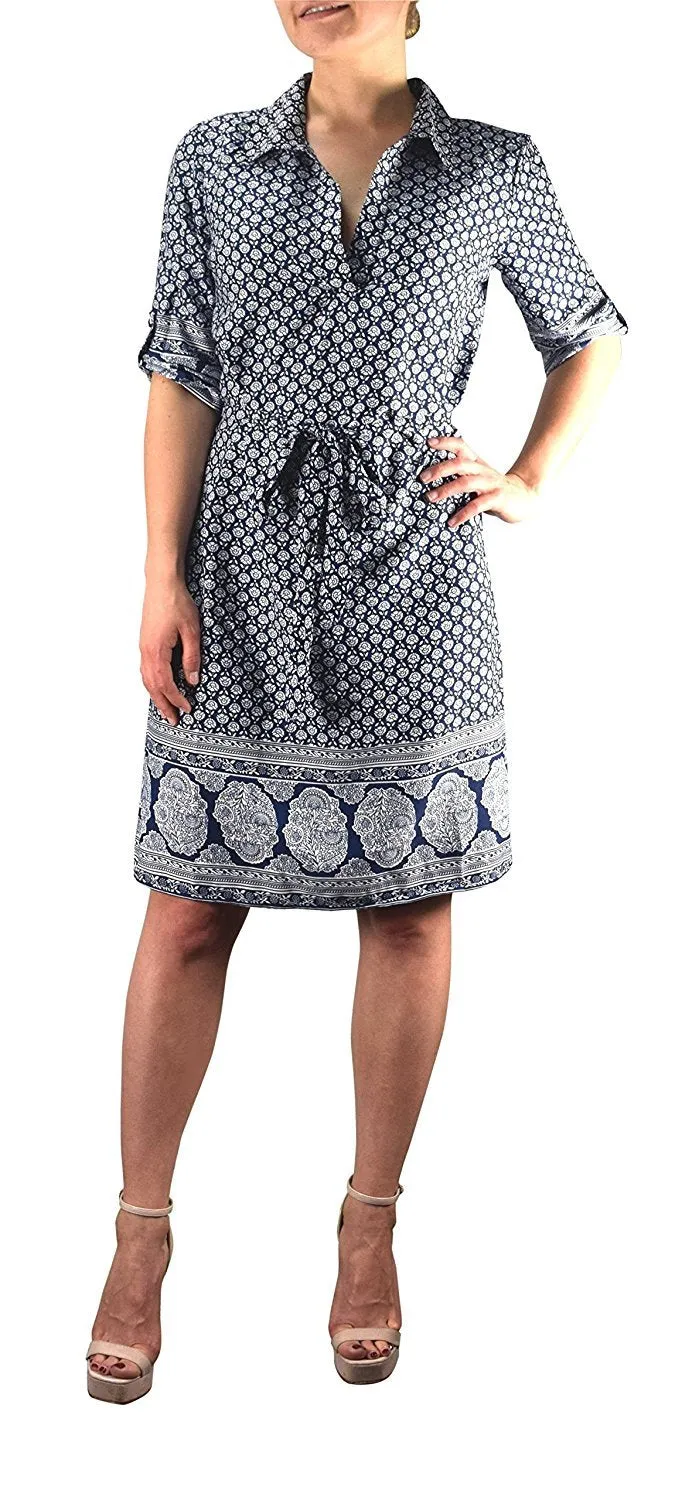 Womens Summer Causal V Neck Shift  Sleeve Waist Tie Shift Dress