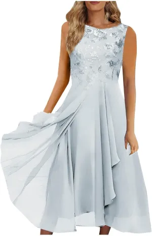 Women's Summer Chiffon Lace Solid Cocktail Dress Short Sleeve Elegant Gown