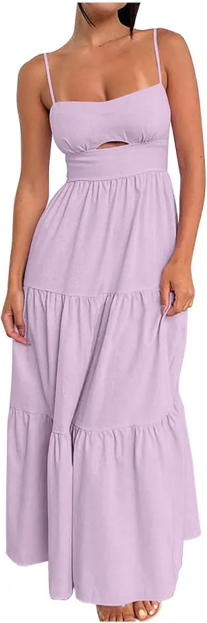 Women's Summer Cutout Maxi Dress Casual Boho Sleeveless Spaghetti Strap Long Beach Dress Smocked Tiered Sun Dresses