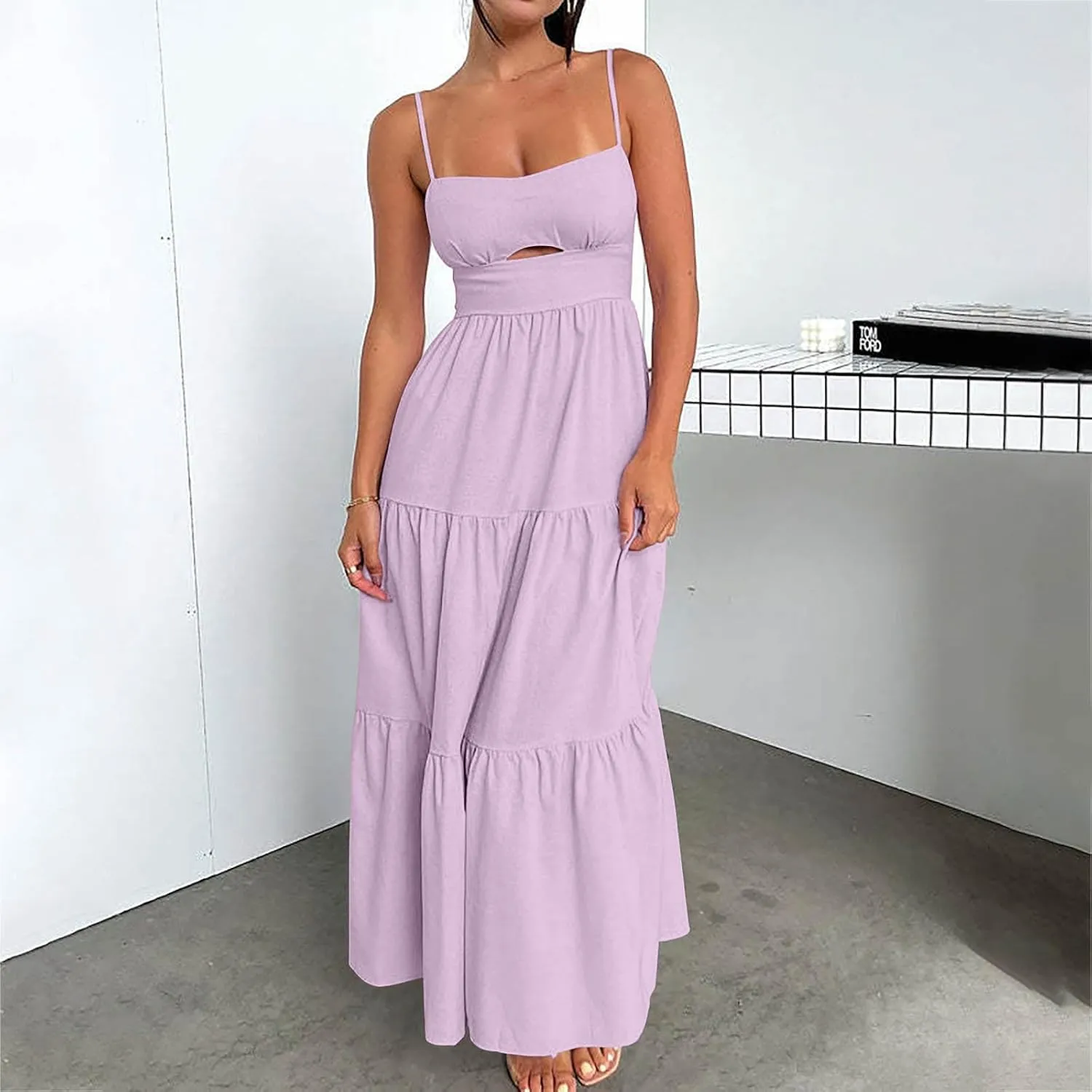 Women's Summer Cutout Maxi Dress Casual Boho Sleeveless Spaghetti Strap Long Beach Dress Smocked Tiered Sun Dresses