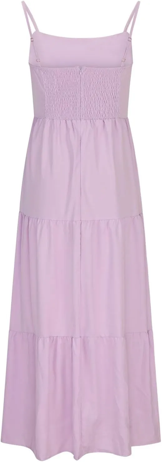 Women's Summer Cutout Maxi Dress Casual Boho Sleeveless Spaghetti Strap Long Beach Dress Smocked Tiered Sun Dresses