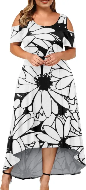 Womens Summer Dress Plus Size Casual Floral Shoulder Maxi Dress Loose Short Sleeve Crewneck High Waist A Line Dress