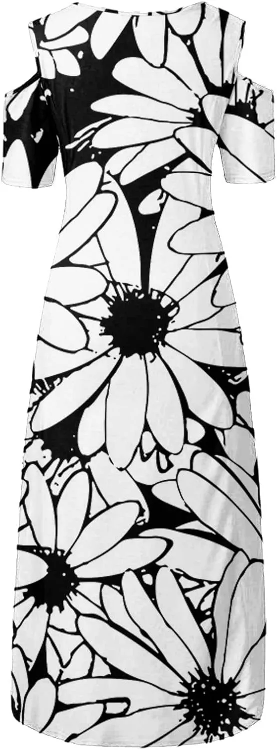 Womens Summer Dress Plus Size Casual Floral Shoulder Maxi Dress Loose Short Sleeve Crewneck High Waist A Line Dress