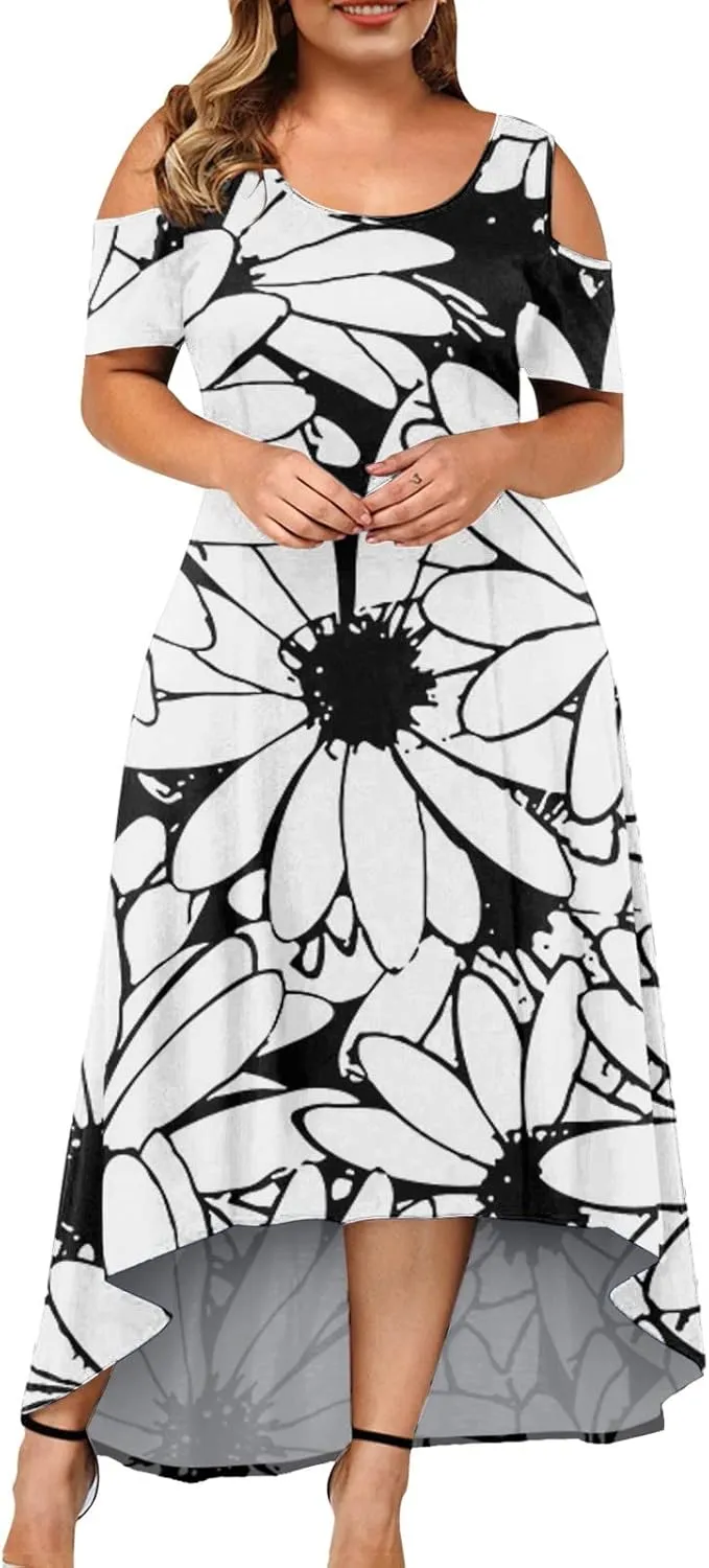 Womens Summer Dress Plus Size Casual Floral Shoulder Maxi Dress Loose Short Sleeve Crewneck High Waist A Line Dress