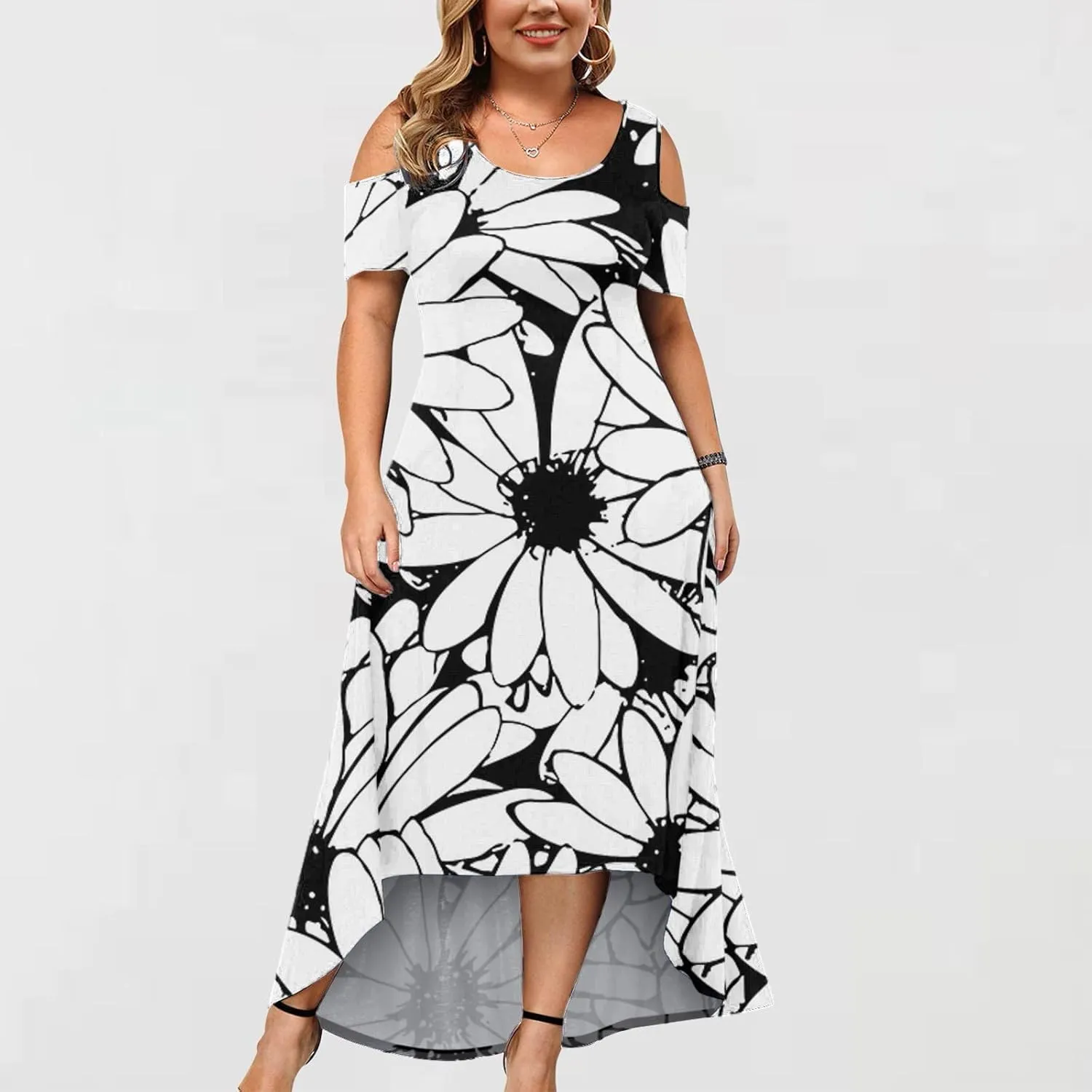 Womens Summer Dress Plus Size Casual Floral Shoulder Maxi Dress Loose Short Sleeve Crewneck High Waist A Line Dress