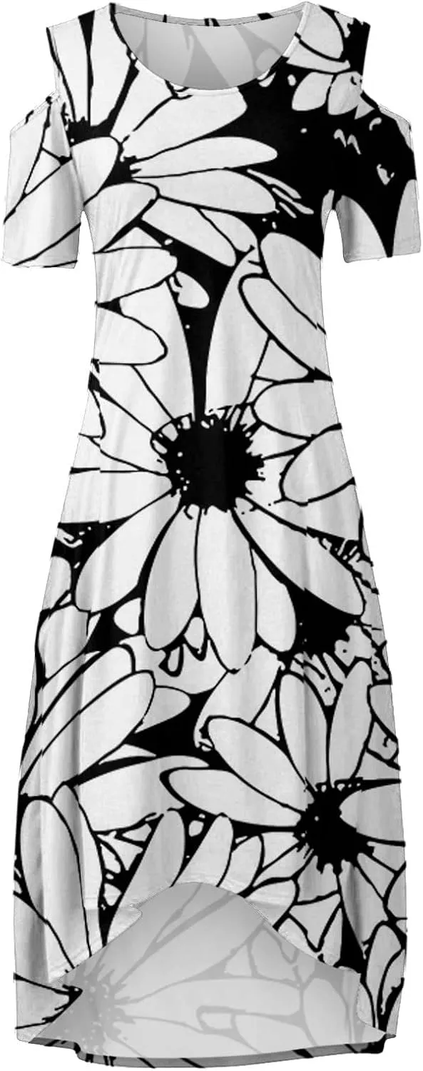 Womens Summer Dress Plus Size Casual Floral Shoulder Maxi Dress Loose Short Sleeve Crewneck High Waist A Line Dress