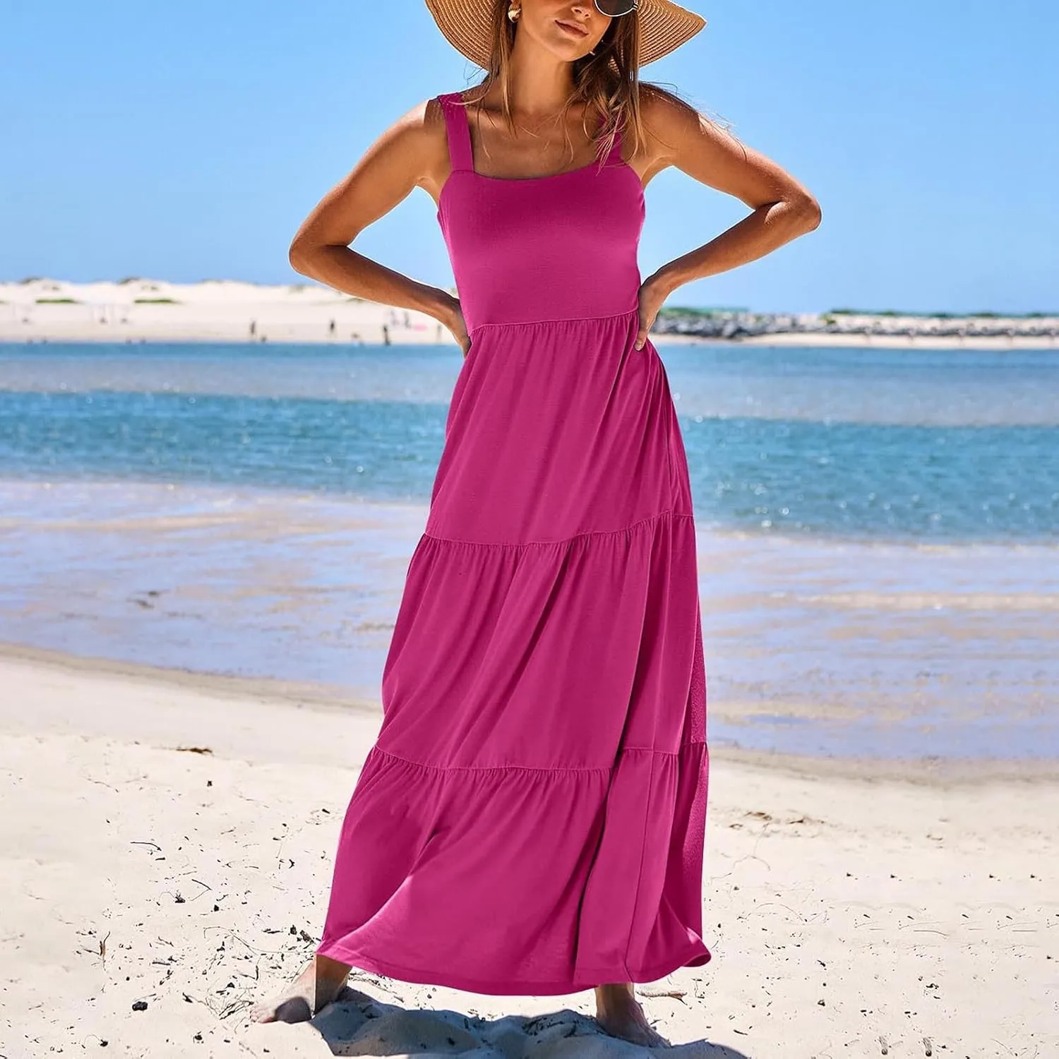 Women's Summer Dresses Halter Neck Sleeveless Smocked Backless Floral Flowy Tiered A Line Boho Beach Maxi Dress